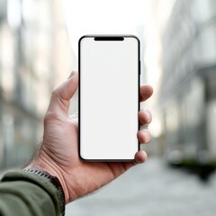 A man hand holding a smartphone showing a blank screen in the city.