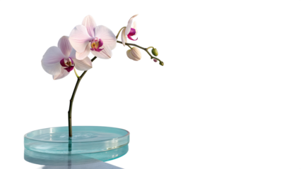 A delicate orchid in bloom, isolated on transparent background in a clear glass vase