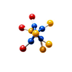 Molecule model or structure of the substance concept. Colorful molecular model with red, yellow, and blue atoms connected by white bonds
