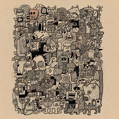 Obraz premium A whimsical, densely packed doodle illustration featuring various quirky characters and abstract shapes.