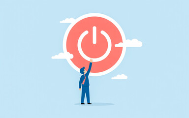 Businessman reaching for power button blue suit red power button