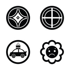 Eight Monochrome Circular Designs Featuring Geometric Shapes Car and Sad Flower Icons