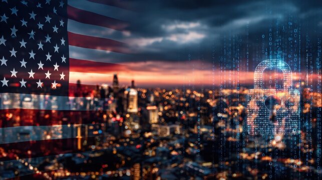 This image blends the American flag with a city skyline and digital security elements, symbolizing the intersection of national pride and modern cybersecurity challenges.