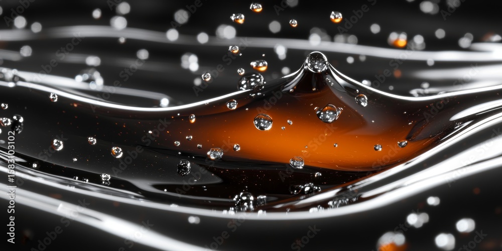 Wall mural abstract dark fluid with droplets, showing surface tension and liquid dynamics in macro