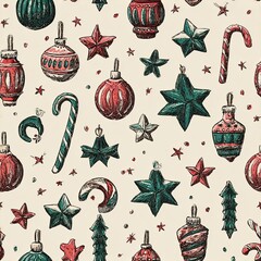 Hand-drawn vintage Christmas icons (ornaments, candy canes, stars) in muted jewel tones (emerald, ruby) on a cream background, retro style