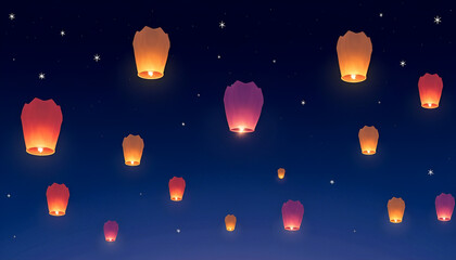 Colorful Sky Lanterns Floating in Night Sky with Stars