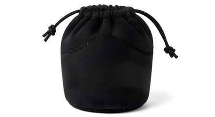 Blank black neoprene camera lens pouch mockup with cinch cord
