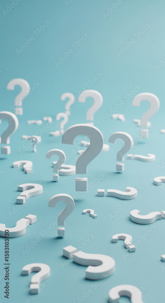 Poster Scattered white question marks on light-blue background, representing uncertainty, inquiry, or problem-solving concepts