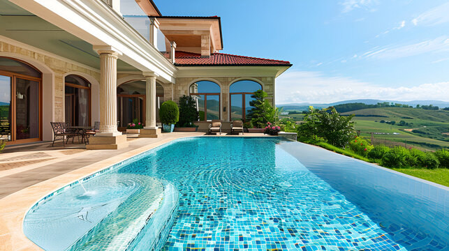 Luxury villa boasts a stunning infinity pool with panoramic views of rolling hills and serene blue skies.