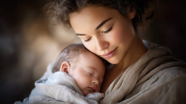 Tender moment between mother and newborn baby boy in soft light