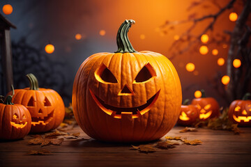 Awesome Halloween pumpkins and ghosts on dark background