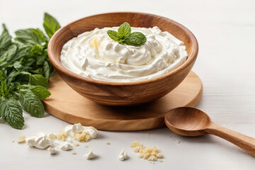 Fantastic Tasty yoghurt in a wooden bowl isolated on a white background