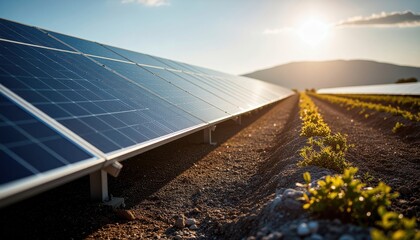 Solar panels in a field with sunlight and mountains, showcasing renewable energy and sustainability.