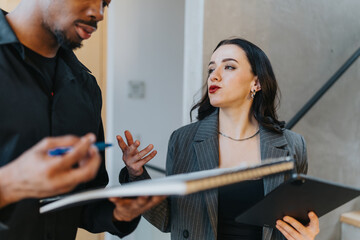Two colleagues engaged in a professional discussion while holding documents and tools in an office...