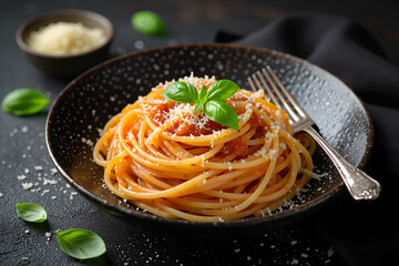 Twirled spaghetti fork over pasta with tomato sauce & basil