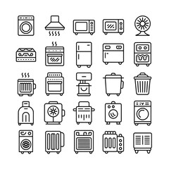 Collection of modern kitchen and home appliance line art icons on white background