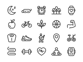 Collection of modern line icons representing healthy lifestyle and fitness activities