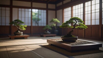 Peaceful Japanese room featuring bonsai trees on tatami mats, highlighting traditional design and tranquility.