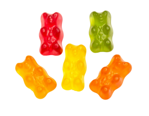 Five colorful gummy bears of different colors floating on a transparent background, ideal for compositions