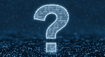 Glowing question mark formed from binary code, set against a dark, bokeh background, symbolizing digital query, data uncertainty, or technological problem-solving