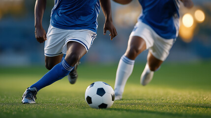 Soccer Players Kicking a Ball in Gentle Daylight Scene