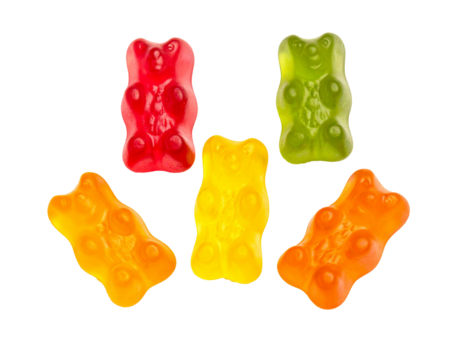 Five colorful gummy bears of different colors floating on a transparent background, ideal for compositions