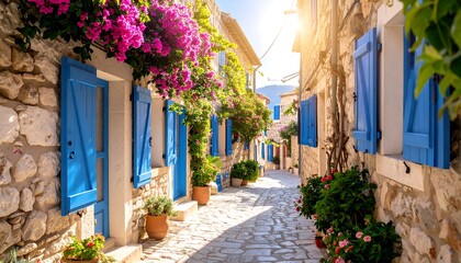 Naklejka premium Sunny alleyway with flowers