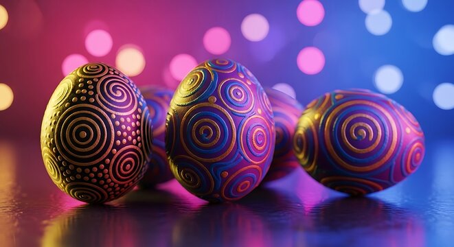 Ornate easter eggs with swirl patterns and bokeh lights in vibrant colors