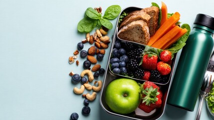 A vibrant lunchbox filled with whole-grain bread, fresh fruits, and healthy snacks, perfect for a nutritious meal on the go.
