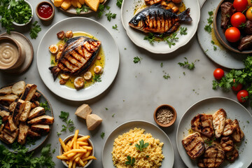 Delicious Food Presentation Grilled Fish and Side Dishes Flat Lay