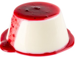 Delicious panna cotta dessert with red berry sauce, isolated on transparent background, high detail, close up