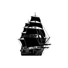 Vector art of a black silhouette of a sailing ship isolated on white background