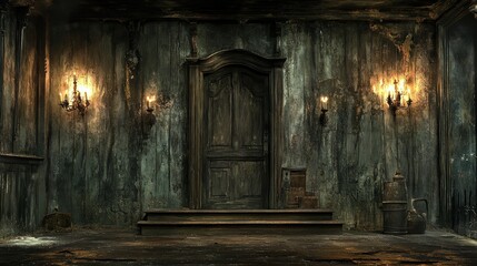 Fototapeta premium Haunted, antique hallway with dark wooden door