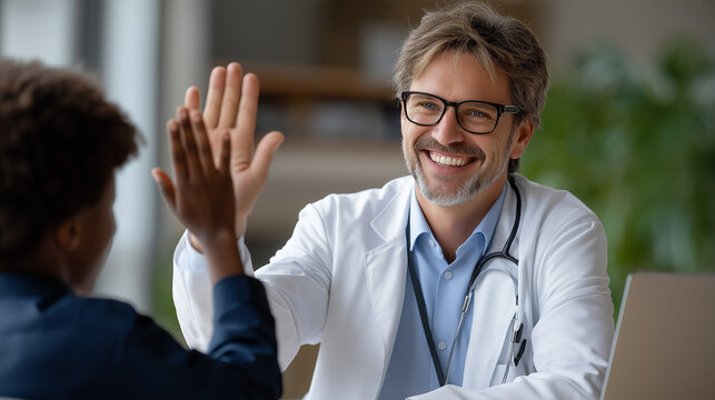 Cheerful doctor high-fives biracial patient in a warm setting