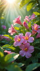 Naklejka premium Pink flowers glisten with water droplets in the morning sunlight