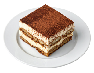 Creamy tiramisu slice resting on white plate, dusted with cocoa powder, layered with rich coffee soaked sponge cake and mascarpone cream