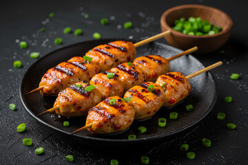 Grilled chicken skewers with almonds & chives on dark plate