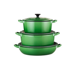 Conjunto de panela de cozinha sobrepostas, na cor verde.