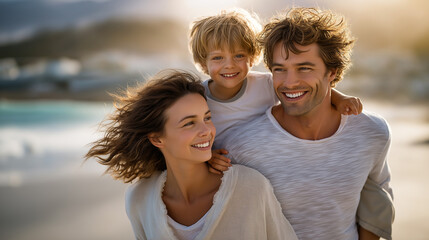 Fototapeta premium Joyful Family Moment at the Beach with Their Son