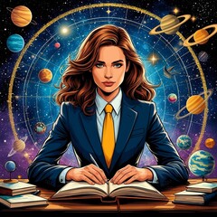 Person in suit reading a book with planets and stars in the background representing astrology and cosmic knowledge