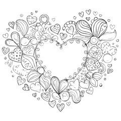 Heart Shaped Floral Arrangement Black and White Illustration Featuring Intricate Heart Designs and a Frame Perfect for Valentine's Day