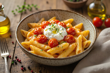 Penne pasta with cherry tomatoes, parmesan & herb garnish