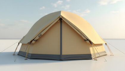 Beige Camping Tent Outdoor: A classic beige camping tent pitched in an outdoor natural setting, inviting adventure.

