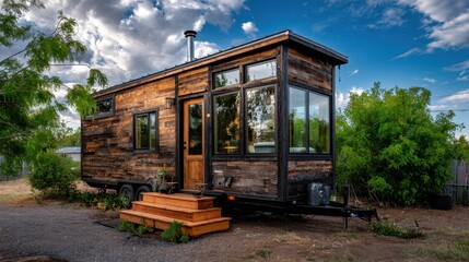This cozy tiny home features a beautiful wooden exterior, large windows, and a welcoming porch, blending rustic charm with modern living amidst lush greenery and open skies.