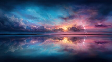 A breathtaking sunset scene featuring vibrant clouds and lightning, beautifully mirrored in a tranquil body of water, capturing nature's fierce yet serene beauty.