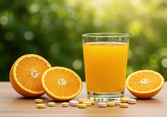Glass of Fresh Orange Juice with Sliced Oranges and Vitamin Pills Outdoors - A bright and healthy image featuring a clear glass of orange juice.
