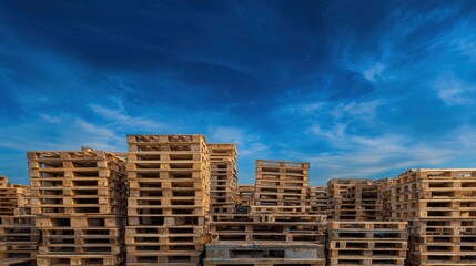 An intricate display of stacked wooden pallets against a vibrant blue sky.
