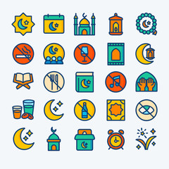 Obraz premium Collection of colorful flat vector icons representing Ramadan and Islamic traditions, including a crescent moon, mosque, prayer beads, and symbols of abstinence.