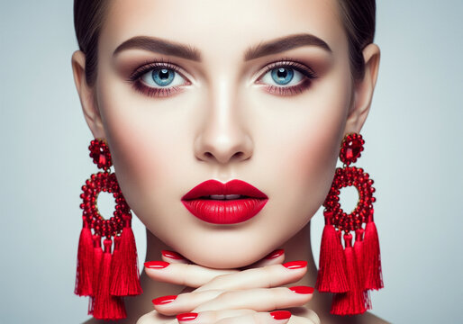 A young woman wearing large red earrings, she has striking blue eyes, flawless skin, bold red lipstick and red nails that accentuates her features.