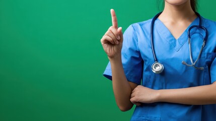 A healthcare professional in scrubs stands confidently, gesturing with a raised finger.